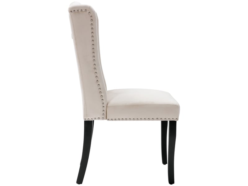  Lot de 4 chaises de salle à manger en velours beige, dossier capitonné, clous argentés et anneau chromé  - Conforama D