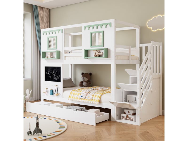  Etagenbett en pin et mdf blanc vert 90x200 cm  - Conforama D