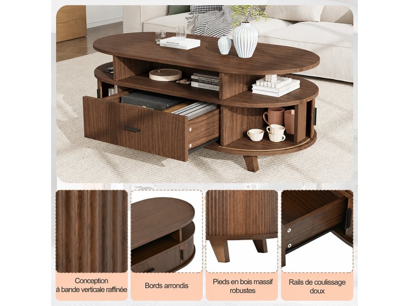 Table basse ovale couleur noyer, 1 tiroir, 2 portes à rideau, rangements ouverts et fermés, 100 x 50 x 40 cm - Conforama E