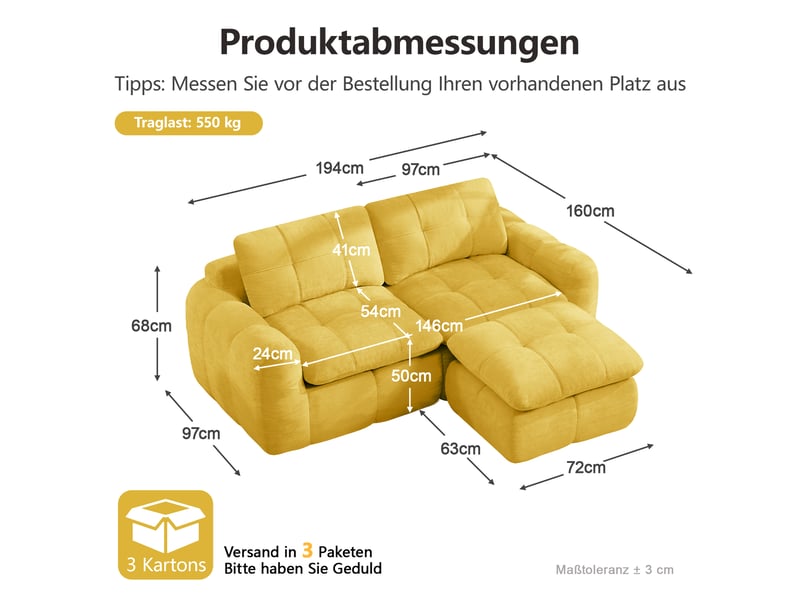  Canapé d’angle modulable 2 places en chenille jaune – 194 x 160 x 68 cm Fay Lum - Conforama C