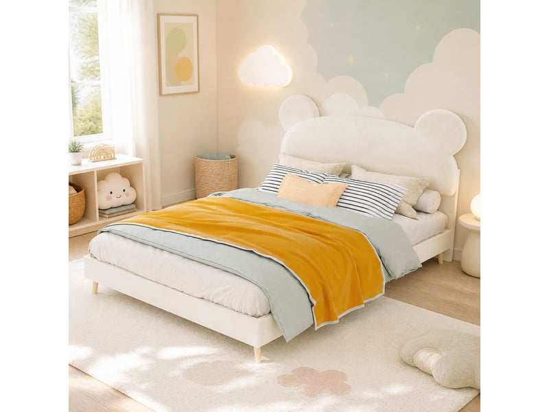  Lit enfant 140x200 cm beige en tissu et métal avec tête de lit à oreilles d’ours  - Conforama B
