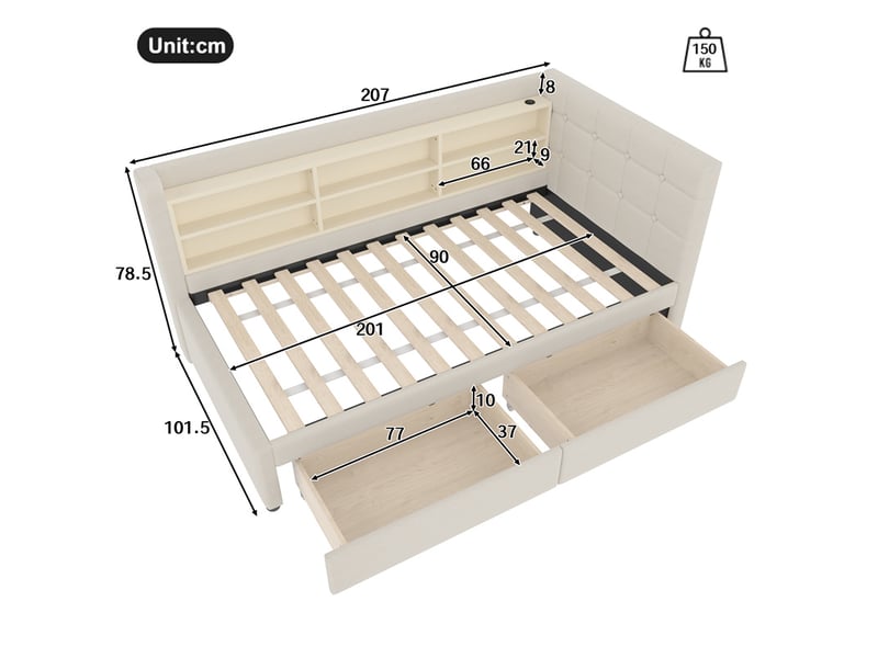  Lit banquette beige 90x200 cm avec 2 tiroirs, rangements, usb et type-c  - Conforama C