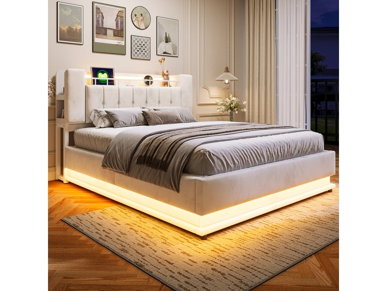  Lit double 160 × 200 cm avec coffre hydraulique, led, prises usb et rangement de tête en velours beige pour chambre  - Conforama D