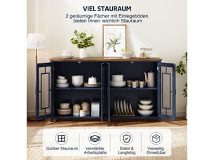 Buffet de cuisine na 160 cm avec portes vitrées, grand rangement et plateau effet bois moderne