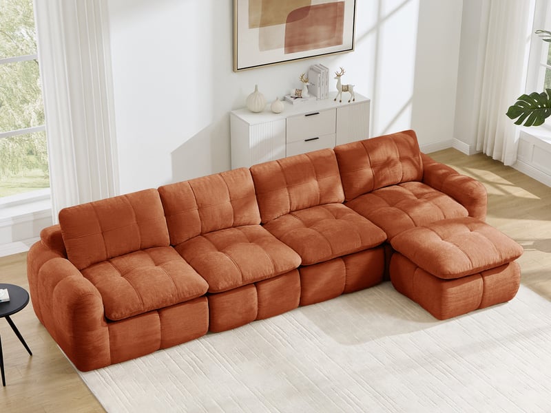 Canapé d'angle modulable 4 places en tissu chenille, forme l avec pouf, orange - Conforama B