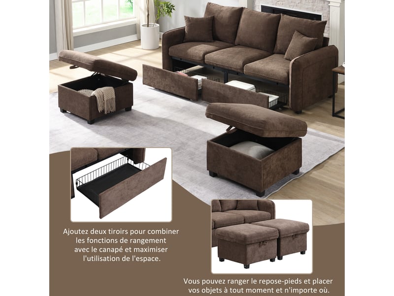 Canapé d'angle modulable 3 places en tissu chenille, 2 poufs à rangement, convertible en l ou en lit - Conforama E