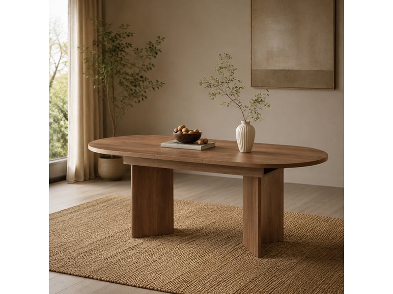  Table de salle à manger extensible pour 6 à 8 personnes, plateau épais aux angles arrondis, en mdf finition noyer  - Conforama B