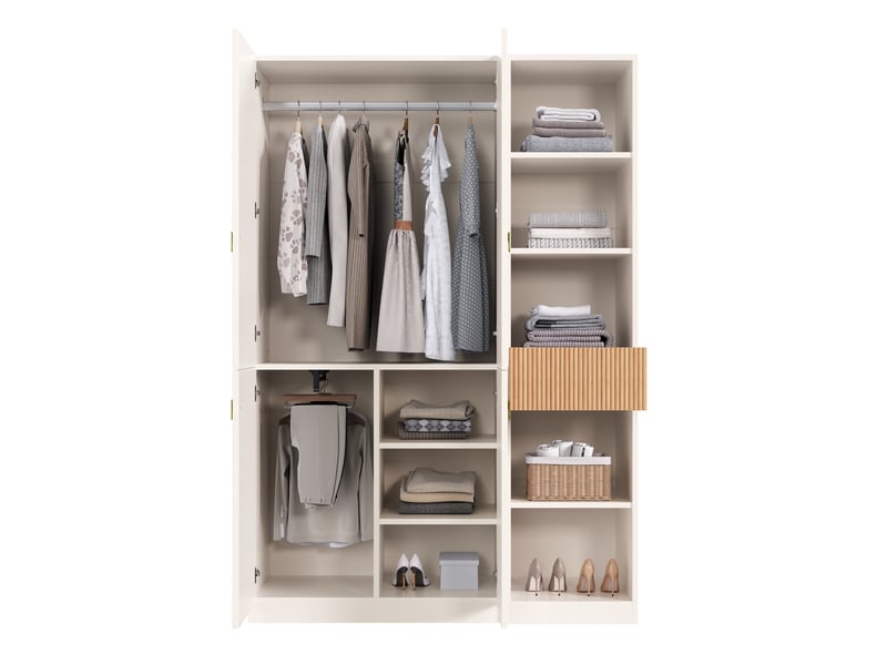  Armoire de chambre 135x50x200 cm, armoire penderie blanche et aspect bois avec 2 barres et 8 compartiments, pour chambre et salon.  - Conforama A