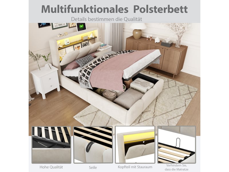 Lit enfant 90 × 200 cm avec rangement, led, usb et type-c, sans matelas, en velours, beige - Conforama E