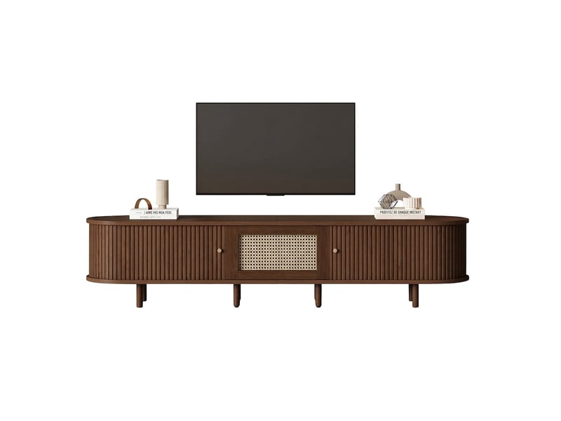  Meuble tv ovale 180 cm avec rangement, pour écran 70-79 pouces, structure en mdf, noyer foncé et design rotin  - Conforama B