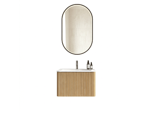 Ensemble meuble de salle de bain 60 cm suspendu couleur chêne avec miroir led ovale anti-buée