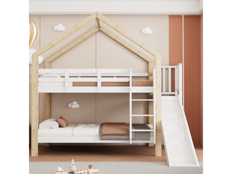  Lit superposé 90x200cm avec toboggan, échelle d'angle trois marches, maison avec garde-corps, bois massif, blanc  - Conforama E