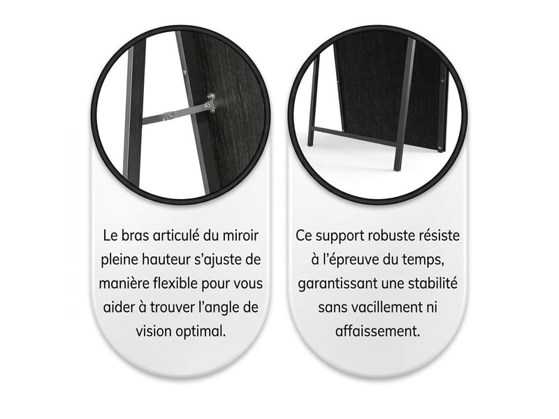  Miroir sur pied arqué pleine longueur 160 x 50 cm – grand miroir psyché autoportant avec cadre en bois massif et verre hd anti-déformation pour chambre, dressing et salon – noir  - Conforama E