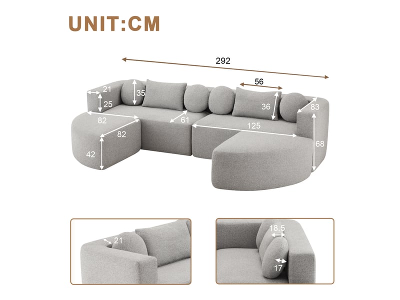 Canapé d'angle modulable en tissu chenille gris, canapé nuage sans montage avec fonction lit intégrée pour salon et chambre, 292x165x68 cm - Conforama C