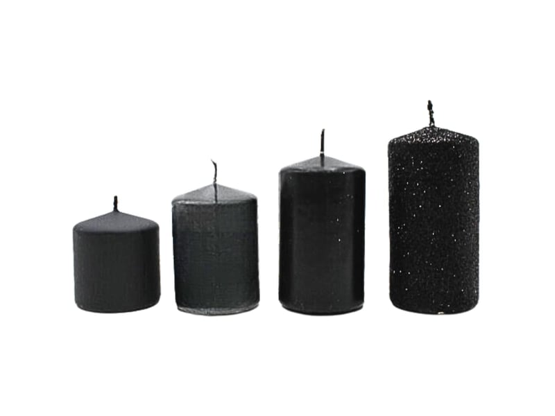  Lot de 4 bougies piliers, pour couronne de l'avent, de table, noir mat et paillettes noires, graduées de 5 x 5 x 5 cm à 5 x 9 cm (l x l x h)  - Conforama A