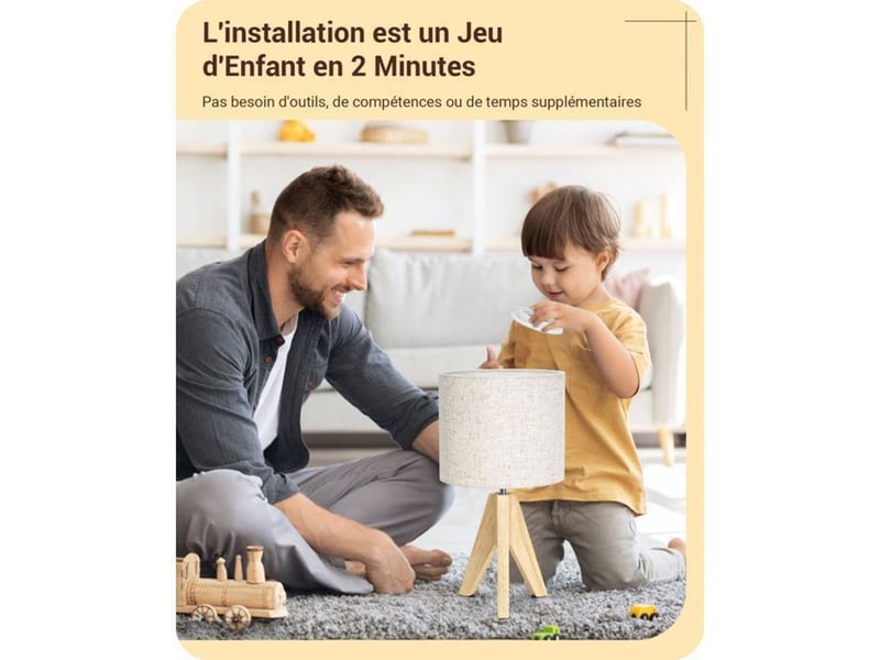  Lampe de table lin beige trépied bois massif e27 4w 2700k 370618_AAAYP05897_6_DROPFR - Conforama C