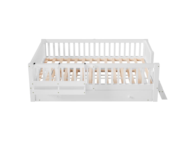  Lit plateforme en bois 90x200 avec barrière de sécurité et méridienne, blanc  - Conforama D
