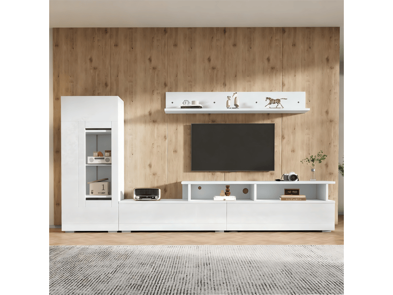  Ensemble meuble tv mural 3 pièces blanc brillant avec éclairage led, pour téléviseur jusqu'à 75 pouces  - Conforama E