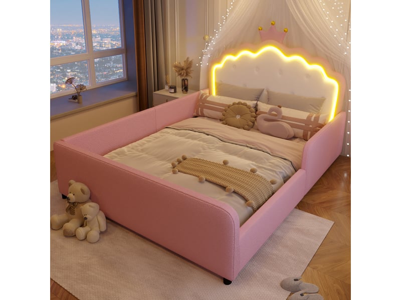  Lit simple enfant 140 x 190 cm avec tête de lit en forme de couronne, barrières latérales et éclairage led, similicuir, rose Morn Vibe - Conforama C