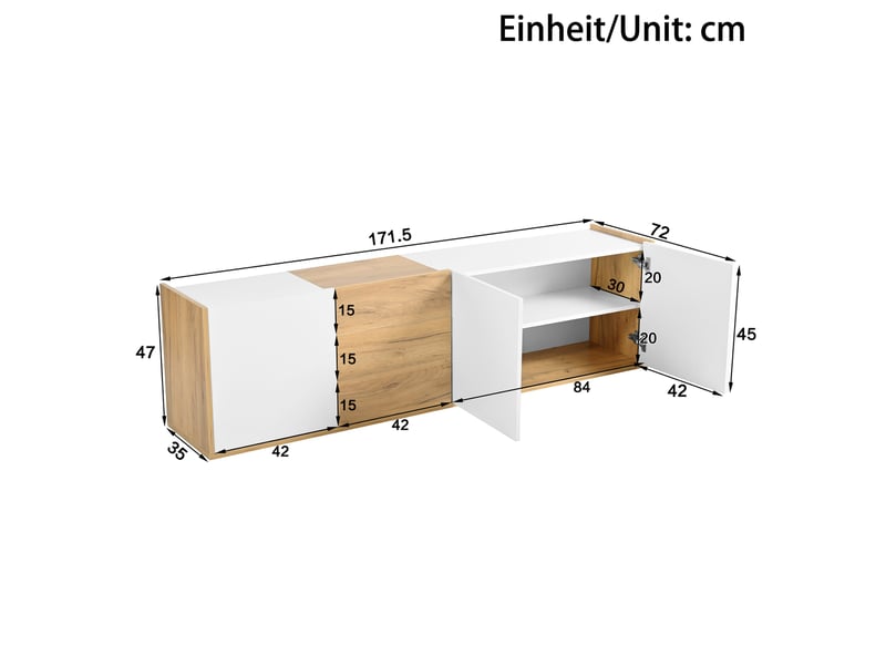  Meuble tv modenvie 171,5 x 35 x 47 cm 3 portes 3 tiroirs mdf blanc et couleur bois  - Conforama C