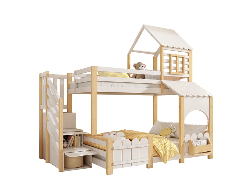  Lit superposé enfant 3 places 90×200 et 140×200 cm, escalier rangement - okmyhome- étagère, sans matelas, bois blanc  - Conforama A