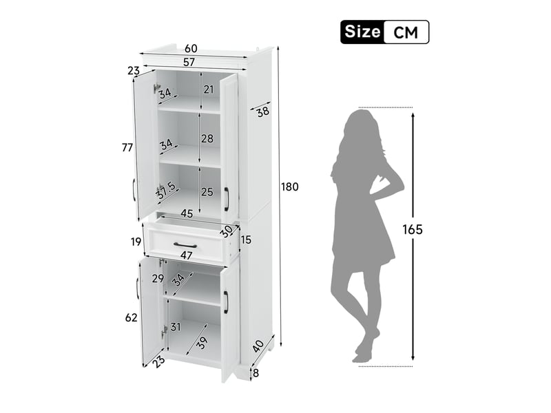 Meuble de salle de bain moderne 60x40x180 cm, portes, tiroir, tablettes réglables, armoire de rangement, mdf blanc - Conforama C