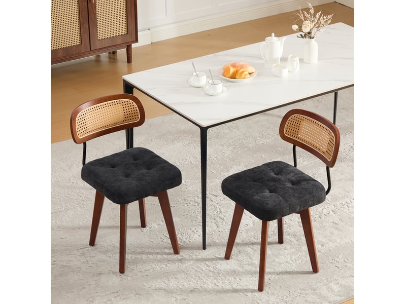 Chaises de salle à manger, lot de 2, pivotantes à 360°, dossier en rotin tressé et assise rembourrée en chenille noire  - Conforama C