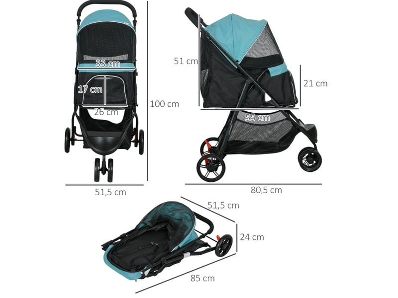  Poussette pliable pour enfant 80,5 x 51,5 x 100 cm – noir et bleu – housse pluie, freins et rangement  - Conforama C