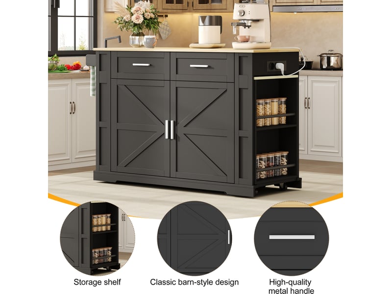  Desserte de cuisine 130x50x93 cm extensible avec prises, noir et chêne  - Conforama E