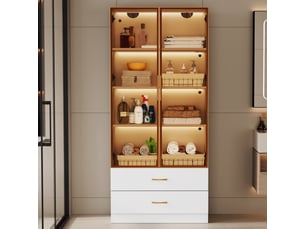 Meuble de salle de bain de 75 cm avec bande lumineuse, 2 grands tiroirs, 2 portes et porte vitrée