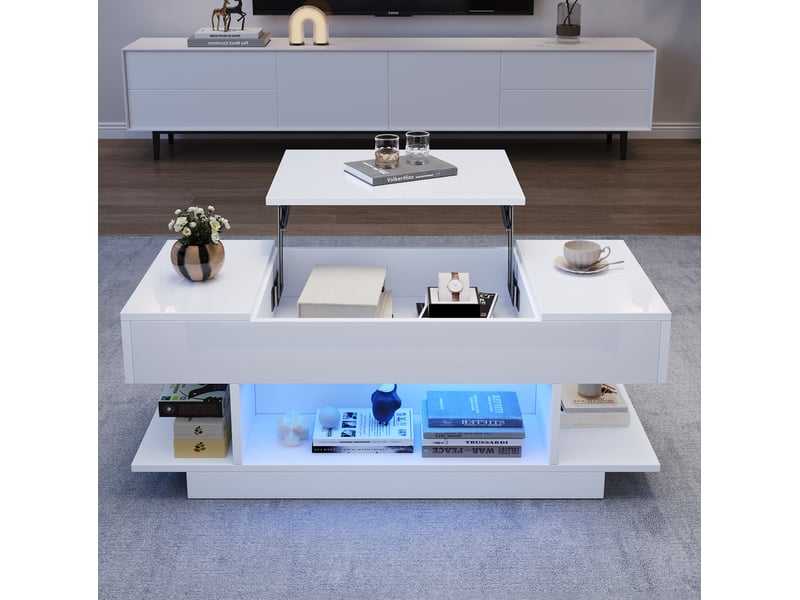  Table basse relevable 98x45x40 cm avec led et rangements blanc  - Conforama E
