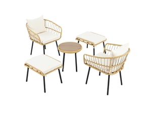Salon de jardin,5 pièces avec coussins,rotin,blanc et naturel