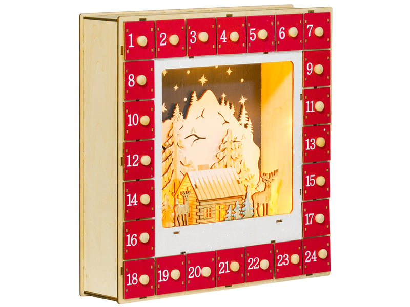  Calendrier de l'avent à remplir 34 x 7 x 34 cm rouge mdf, 24 tiroirs, éclairage led préassemblé  - Conforama A