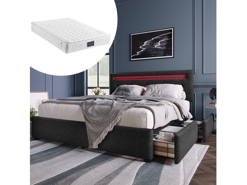  Lit rembourré tcqpz 140 x 200 cm avec matelas led 4 tiroirs tête de lit réglable noir  - Conforama B