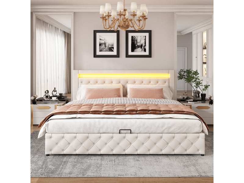 Lit coffre rembourré 180x200 cm, lit double avec sommier à lattes, espace de rangement, éclairage led, revêtement pu, blanc Bliss Lite - Conforama E