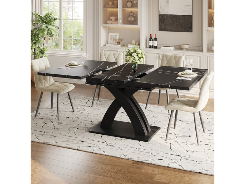 Table à manger rectangulaire extensible 120-160 x 80 cm, plateau mdf noir à motifs, piètement en x, rallonge intégrée, jusqu’à 6 places  - Conforama C