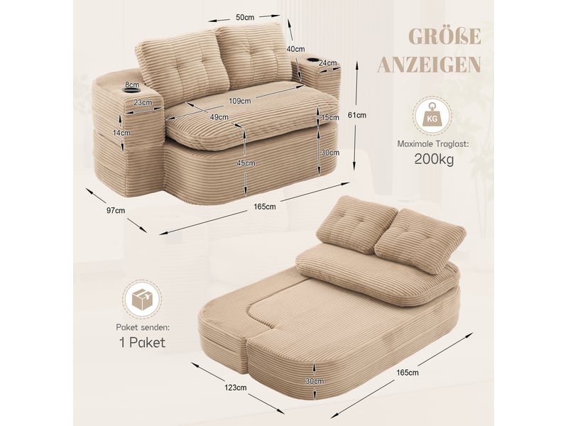  Canapé 2 places modenvie convertible en chaise longue en velours côtelé kaki, accoudoirs réglables et porte-gobelets, 165 x 97 x 61 cm  - Conforama C