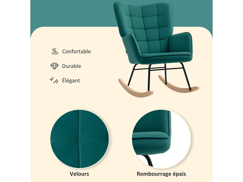  Fauteuil à bascule rocking chair revêtement en velous structure en acier vert 71 x 98 x 101 cm  - Conforama E