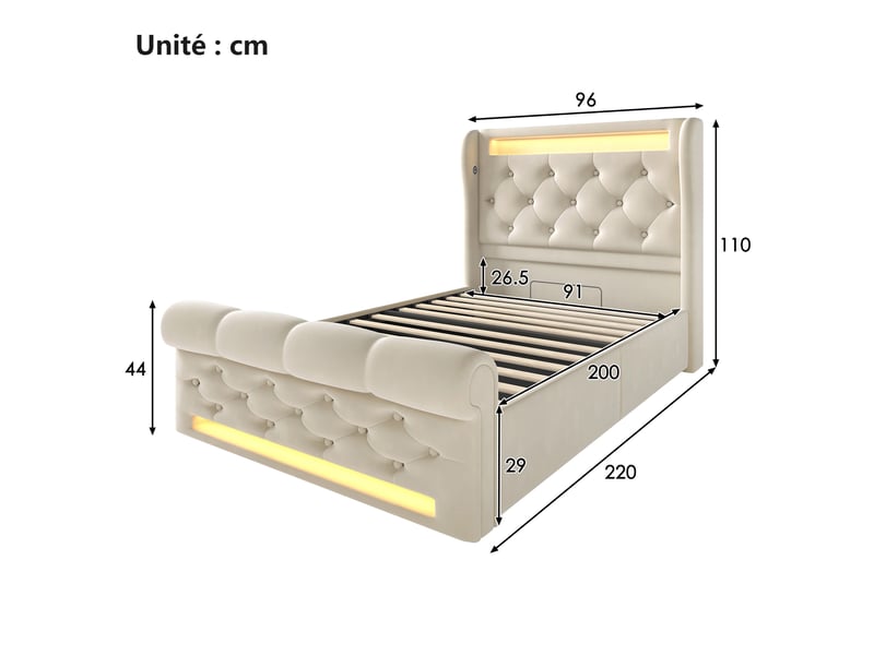  Lit coffre 90x200 cm - lit simple beige avec éclairage led et prises usb, rangement pratique - sans matelas  - Conforama C