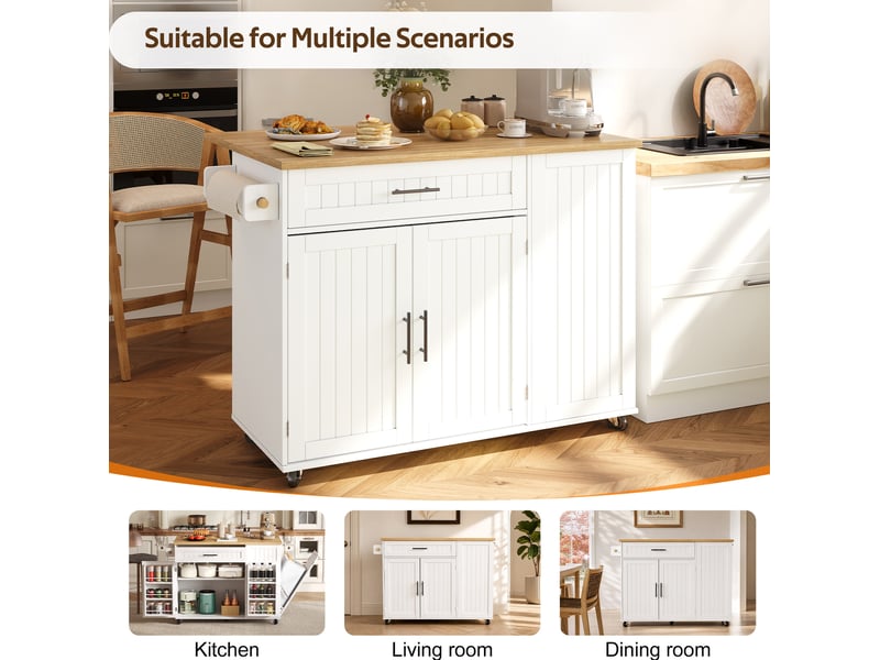  Desserte de cuisine mobile 130 x 70 x 93 cm blanche en mdf, plan de travail rabattable et rangement  - Conforama E