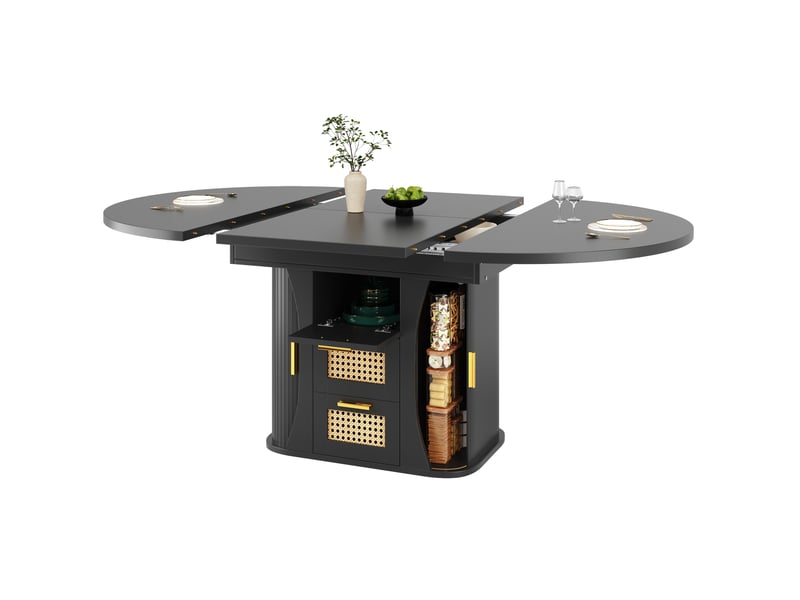 Table à manger extensible 118-158x118x77cm avec rangement et tiroirs en rotin, finition noire, plateau aggloméré, usage cuisine, salon - Conforama A