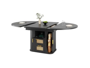 Table à manger extensible 118-158x118x77cm avec rangement et tiroirs en rotin, finition noire, plateau aggloméré, usage cuisine, salon