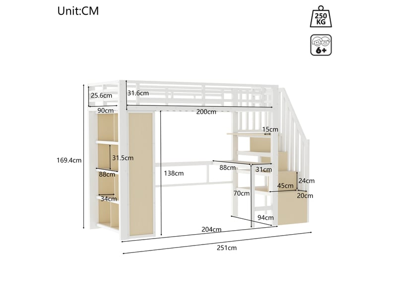 Lit mezzanine 90x200 cm en métal avec bureau, rangements et led, blanc - Conforama C