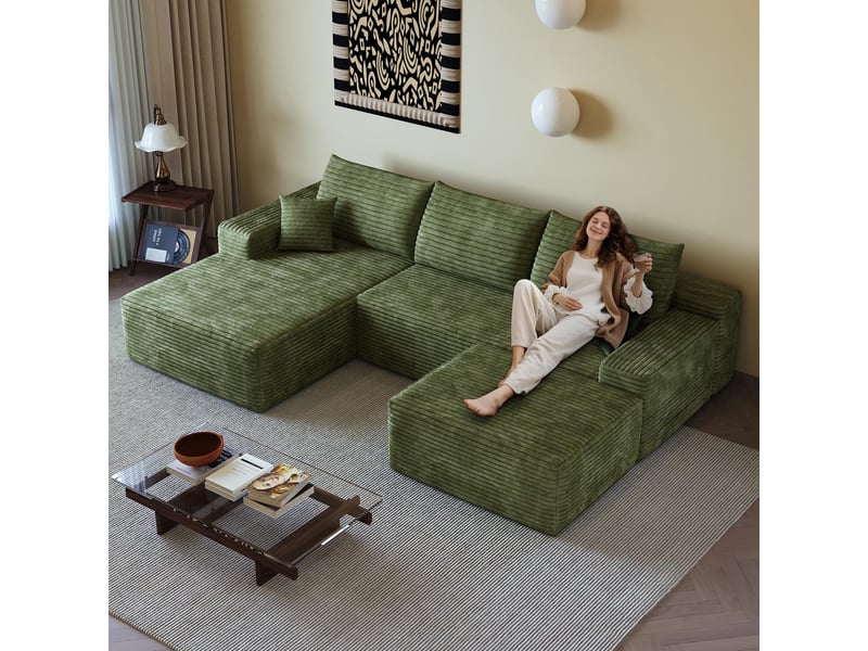 Canapé d'angle modulaire 270cm - canapé en l avec méridienne gauche, velours côtelé, sans montage - vert - Conforama C