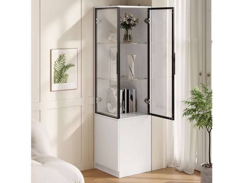 Vitrine d'angle avec led commandée par application, portes vitrées et rangement fermé, blanc, 40 × 40 × 160 cm - Conforama C