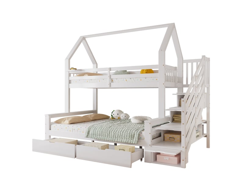 Lit superposé enfant 90x200 et 140x200 cm – blanc – escalier rangement, 2 tiroirs sur roulettes – sans matelas - Conforama A