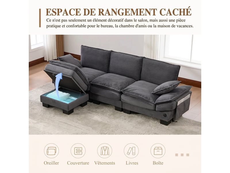 Canapé modulaire avec pouf rangement 260 x 132 x 84 cm - velours côtelé et usb-c intégré - Conforama W