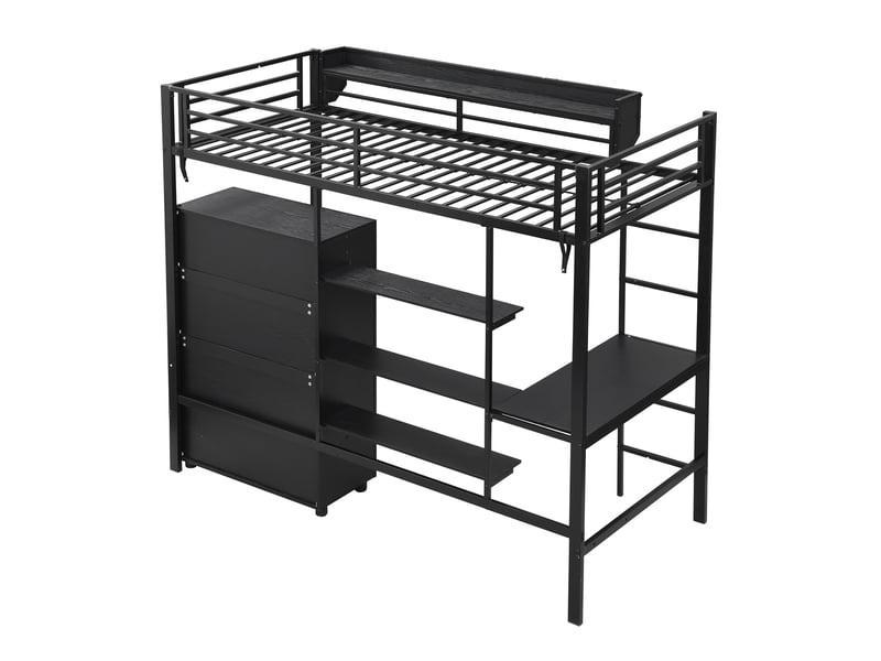  Lit superposé en fer, idéal pour enfants et adolescents, avec table et armoire, nombreux rangements, échelle à 5 marches, fer et panneaux de particules, noir, 90 x 200 cm  - Conforama E