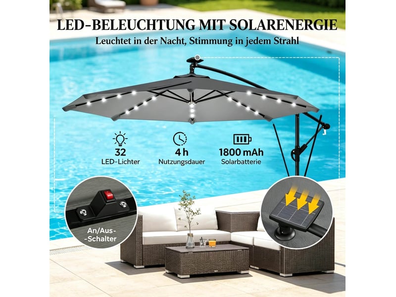 Parasol déporté de jardin avec éclairage led solaire, toile ronde ø 295 cm, gris foncé et noir - Conforama D