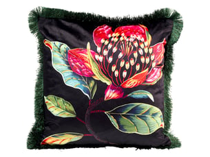 coussin à franges jungle fleur rouge